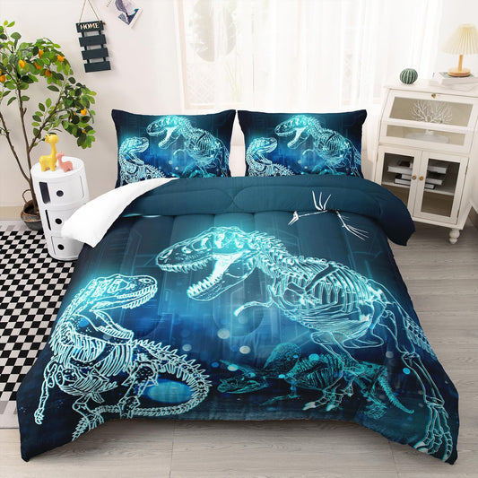 Dinosaur Comforter Set for Teens Boys Girls,Dino Eyes 3 Pieces Bedding Set Queen,Dark Blue Lightweight Down Alternative Bedding Sets for All Season