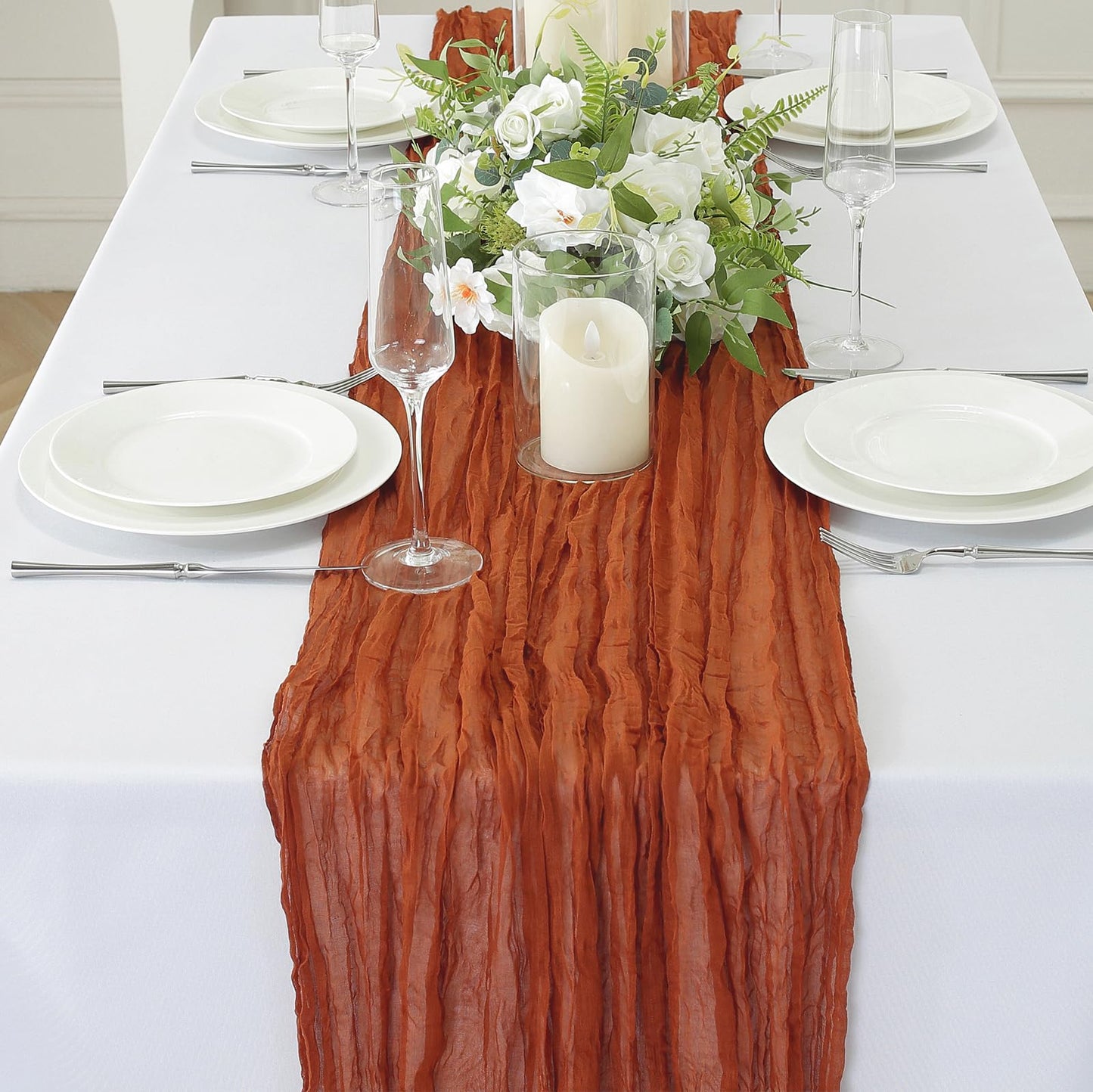 meioro Cheesecloth Table Runner 13.3 FT Terracotta Boho Gauze Cheese Cloth Runner 160 Inches Long Rustic Sheer Table Runners for Christmas Wedding Bridal Baby Shower Birthday Party Decoration