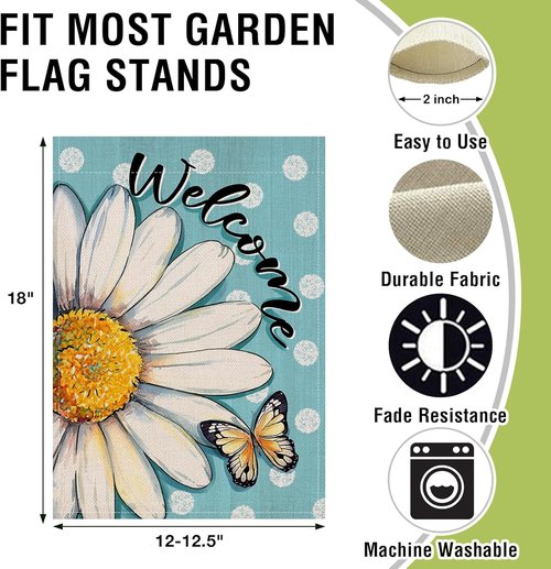 Artofy Welcome Spring Summer Daisy Flower Small Decorative Garden Flag, Floral Butterfly Blue Yard Lawn Outside Decor, Polka Dots Seasonal Burlap Outdoor Home Decoration Double Sided 12 x 18