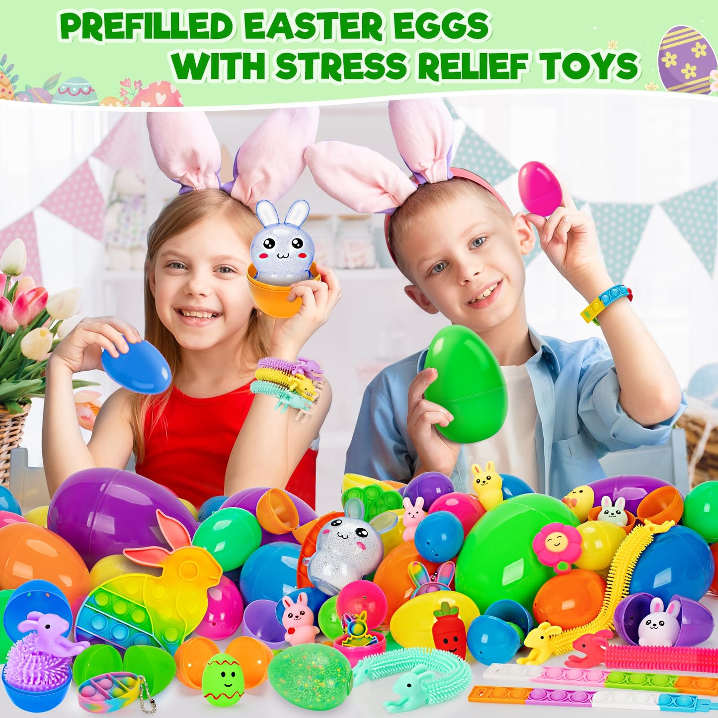 Jyusmile 36 Pack Prefilled Easter Eggs with Toys, Bulk Mix 4 Sizes Plastic Easter Eggs with Assorted Toys Inside, Surprise Eggs for Easter Hunt, Easter Basket Stuffers, Party Favors for Kids