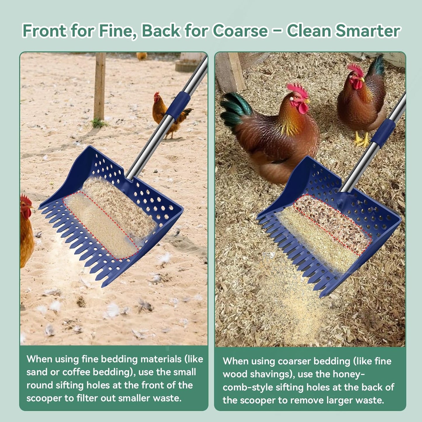 US Patent Pending 12-Inch Chicken Poop Scooper & Rake - Stainless Steel Handle | 3-Shape Sifting Holes (Blue)