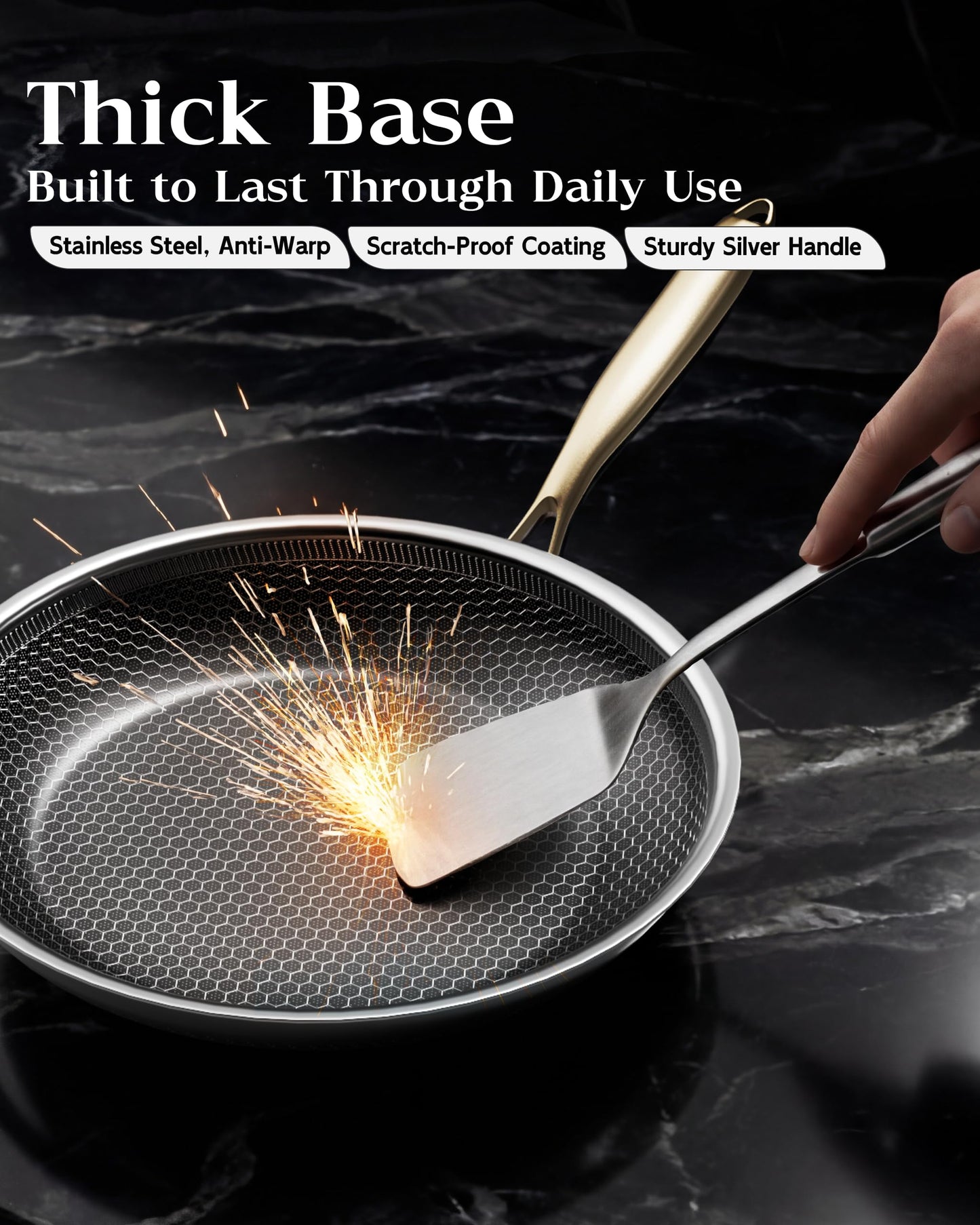 XBM Nonstick Frying Pan with Lid 12-Inch, Durable Stainless Steel Skillet, Induction Cooktop Compatible, PFOA-Free Scratch-Proof, Dishwasher & Oven Safe, Stay-Cool Handle, Silver Kitchen Cookware