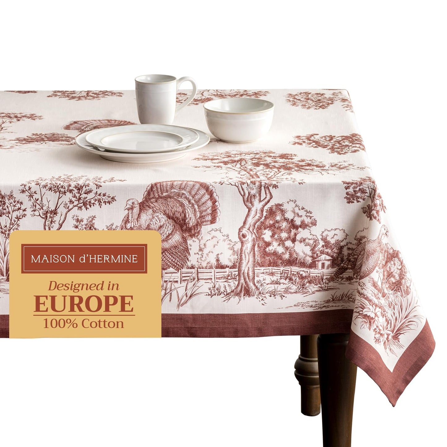 Maison d' Hermine Table Cloth Square Table 100% Cotton 60 x 60 Inches Fall Tablecloth Reusable Everyday Use for Thanksgiving Christmas Decorations Dining Farmhouse Party (Holy Jouy - Brown)