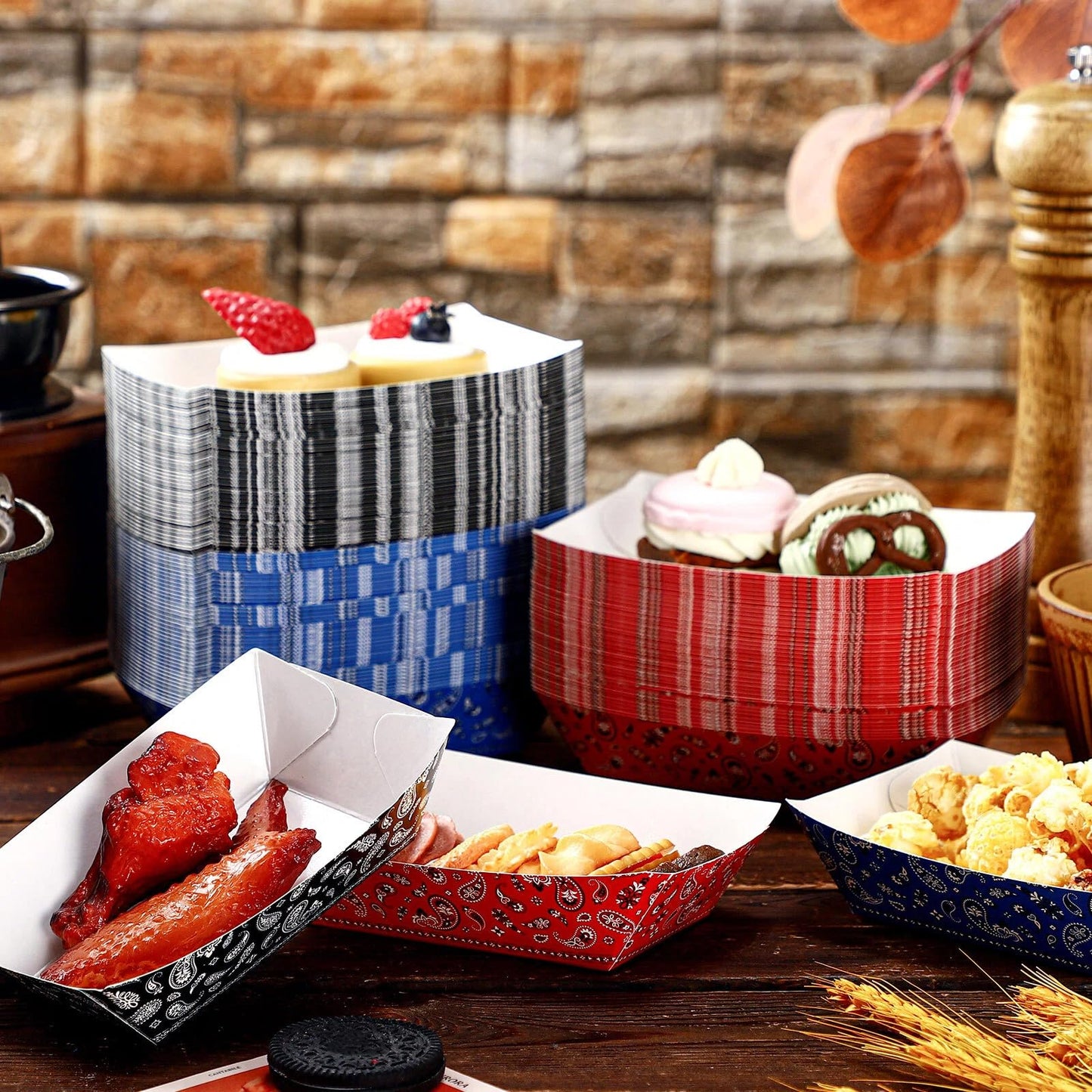 Gejoy 120 Pcs Western Party Plates 1 lb Cowboy Plates Bulk Bandana Paper Food Trays for Rodeo Cholo Party 250th Anniversary Decorations(Red Blue Black)