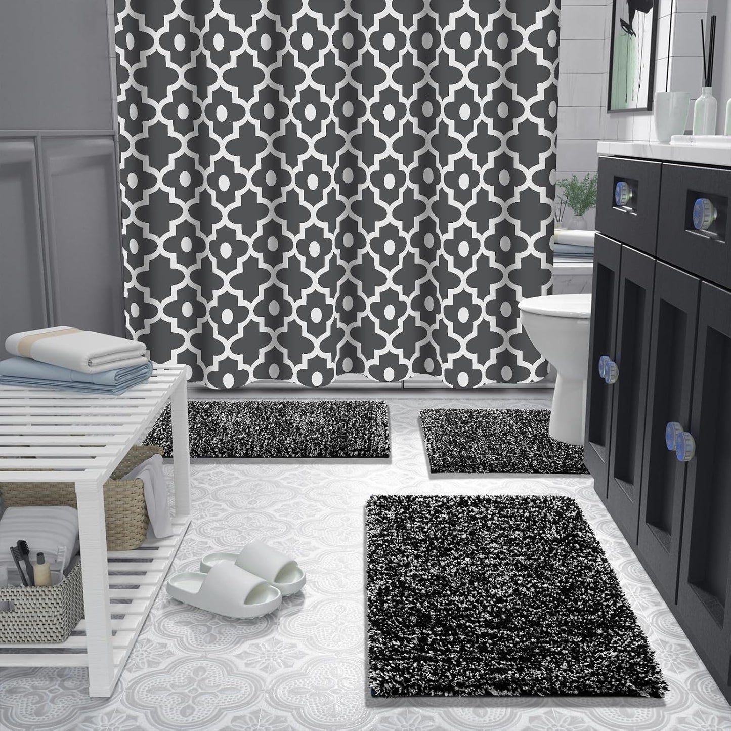 Yimobra Black and White Bathroom Rugs Non Slip Washable, Ultra Soft and Water Absorbent Bath Mats, Plush Fluffy Shower Mat Outside, Microfiber Thick Matts for Bathroom Floor/Sink, 24x17