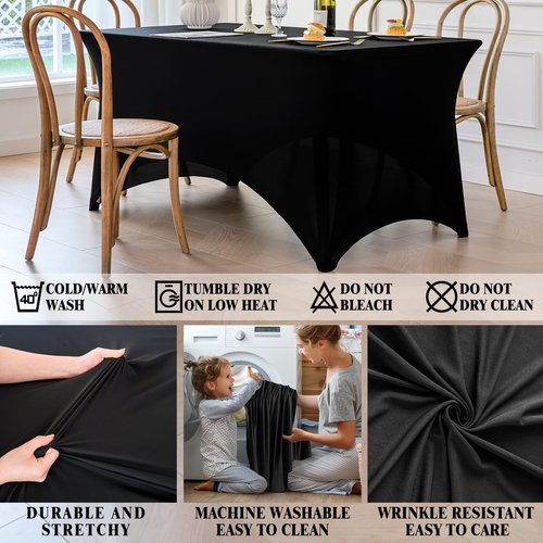 Famstar Table Cloth 2 Pack Black 6FT Spandex Tablecloth for Rectangle Fitted Table Cloths Stretch Covers Washable Wrinkle Free Tablecloths for Festival Camping Picnic Wedding Party