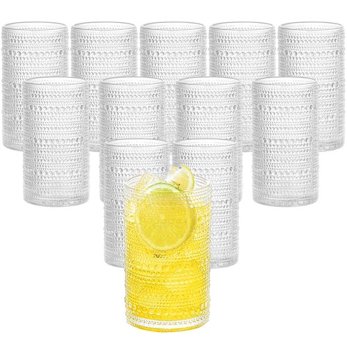 HomeVogue Vintage Hobnail Drinking Glasses Set of 12, 15oz Textured Tumblers - Embossed Clear Bar Glasses for Cocktails, Beer, Whiskey, Dishwasher-Safe Highball Cups for Kitchen, Juice & Mixed Drinks