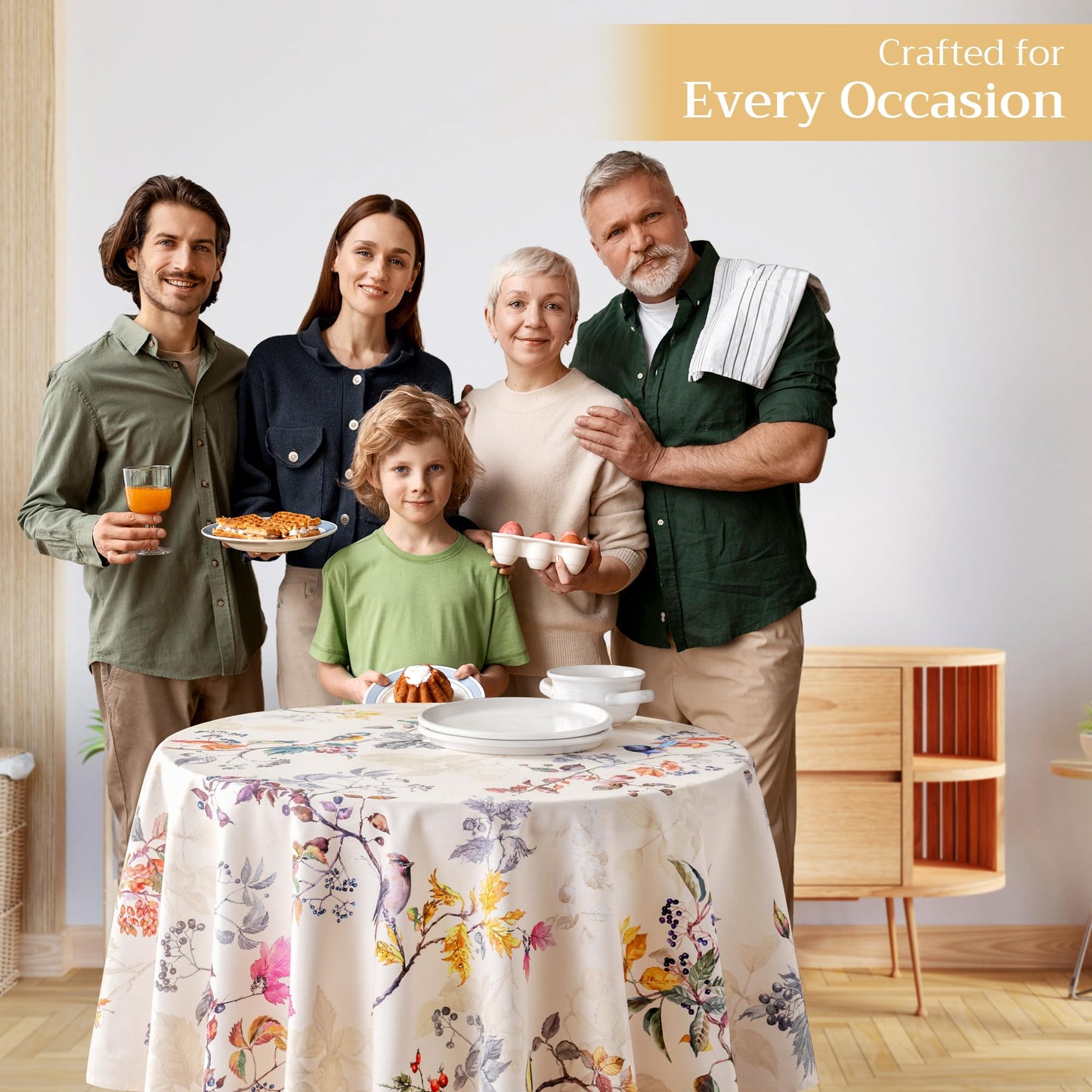Maison d' Hermine Table Cloth Round Table 100% Cotton 63 Inches Fall Tablecloth Reusable Everyday Use for Thanksgiving Christmas Decorations Dining Farmhouse Party (Equinoxe - Beige)