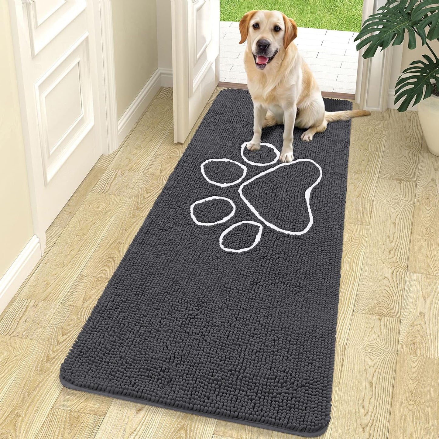 OLANLY Dog Door Mat - Absorbent Non-Slip Mud Mat for Paws | 70x24 Dark Grey Chenille Design
