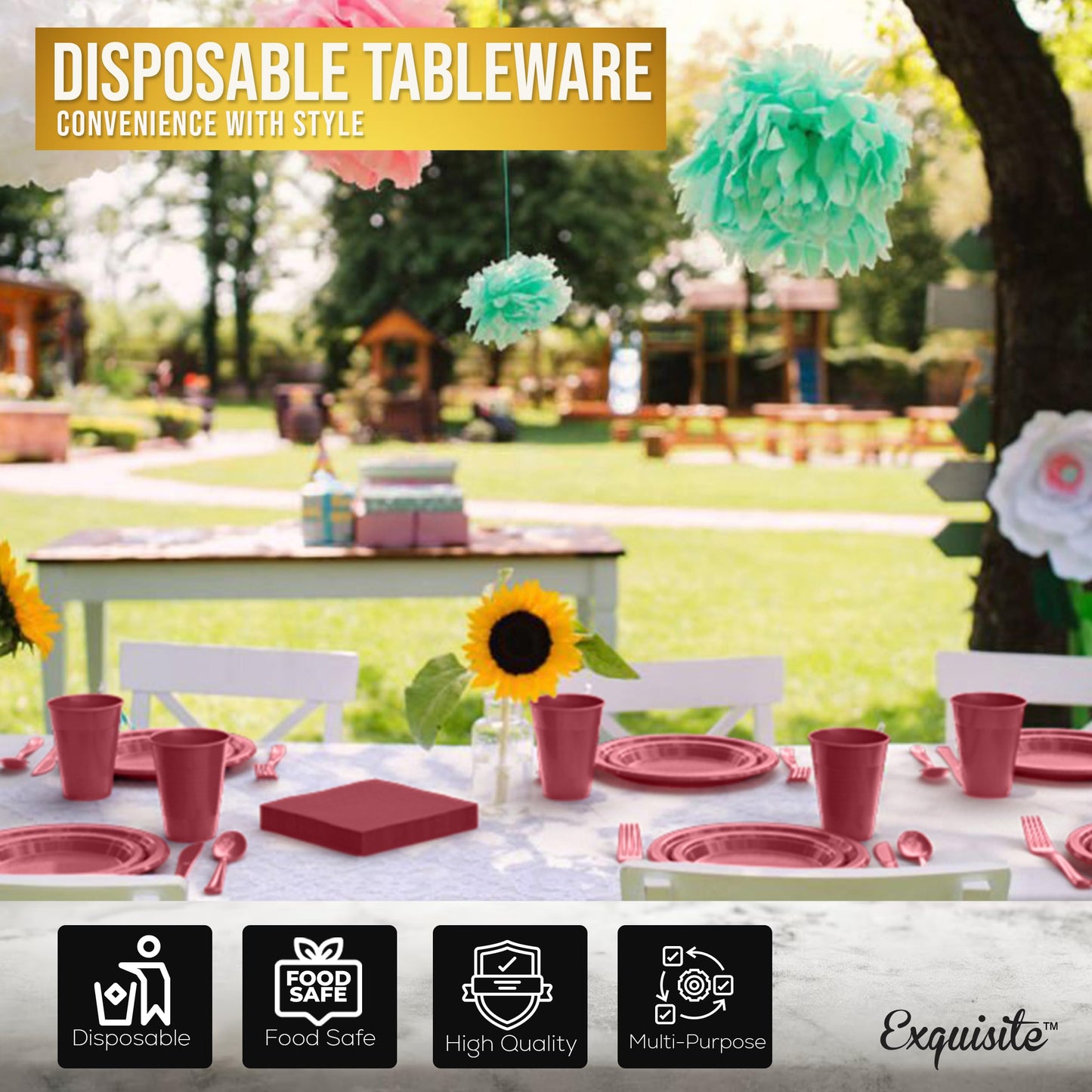 350 Pcs Burgundy Plastic Plates For Party, Burgundy Disposable Plates Set, 50 Of Each 9" Dinner Plate Set, 7" Dessert Plate, Cups, Napkins & Cutlery Plastic Dinnerware Set Exquisite
