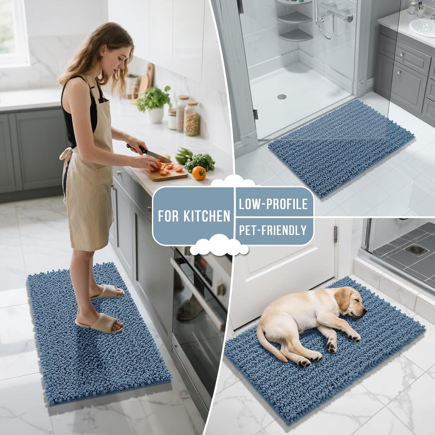 Yimobra Bathroom Rugs - Ultra Soft Non-Slip Chenille Bath Mat | Quick Dry Shaggy Carpet, Denim Blue, 24x17 Inch
