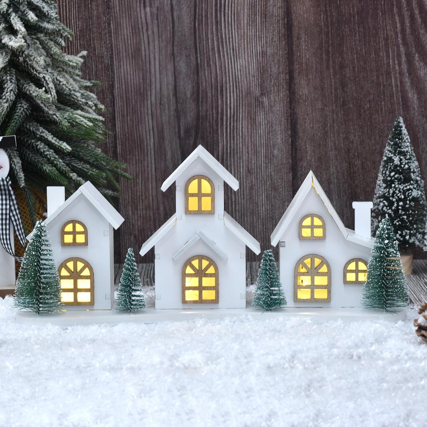 Skiennix White Christmas Village House Decoration - LED Lights & Wooden Centerpiece | Mini Winter Town Tabletop Decor