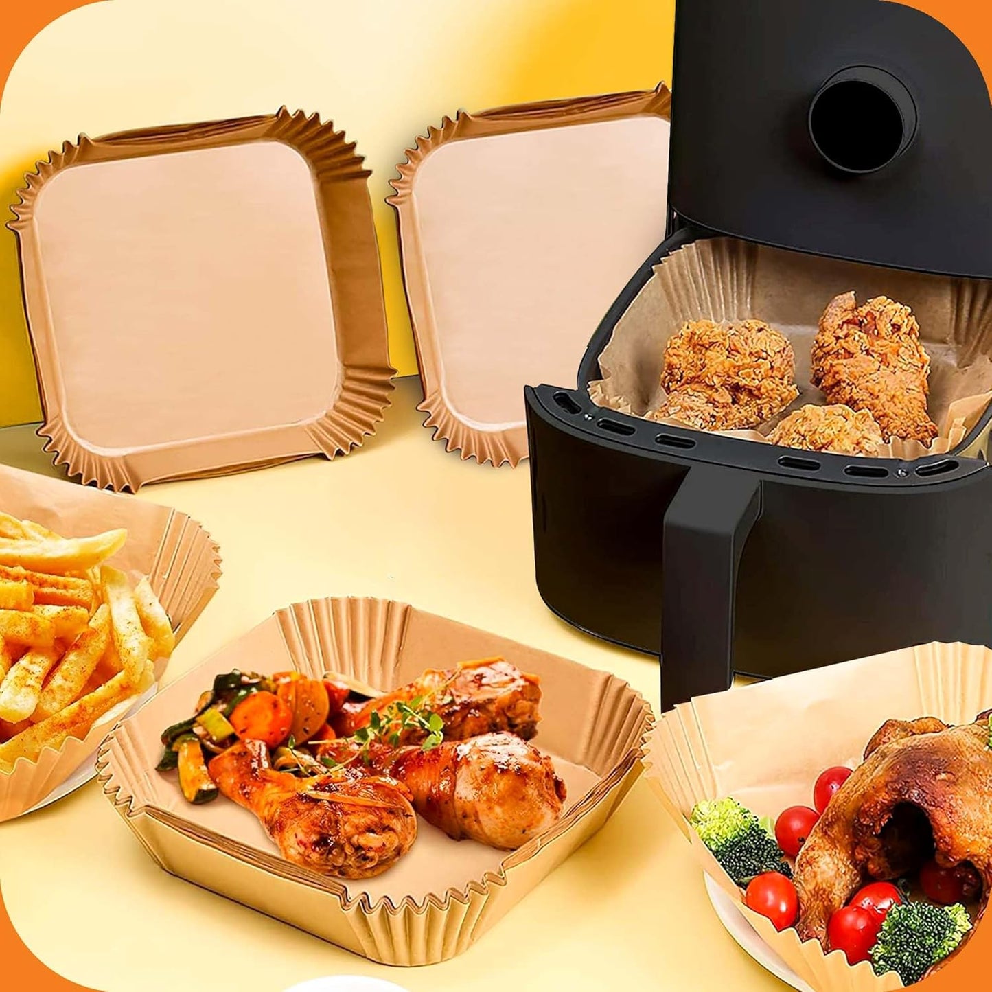 UrbanAir 8-Inch Square Air Fryer Paper Liners - 125 Pcs Non-Stick, Heat-Resistant, Bleach-Free | Perfect Fit for Easy Cleanup