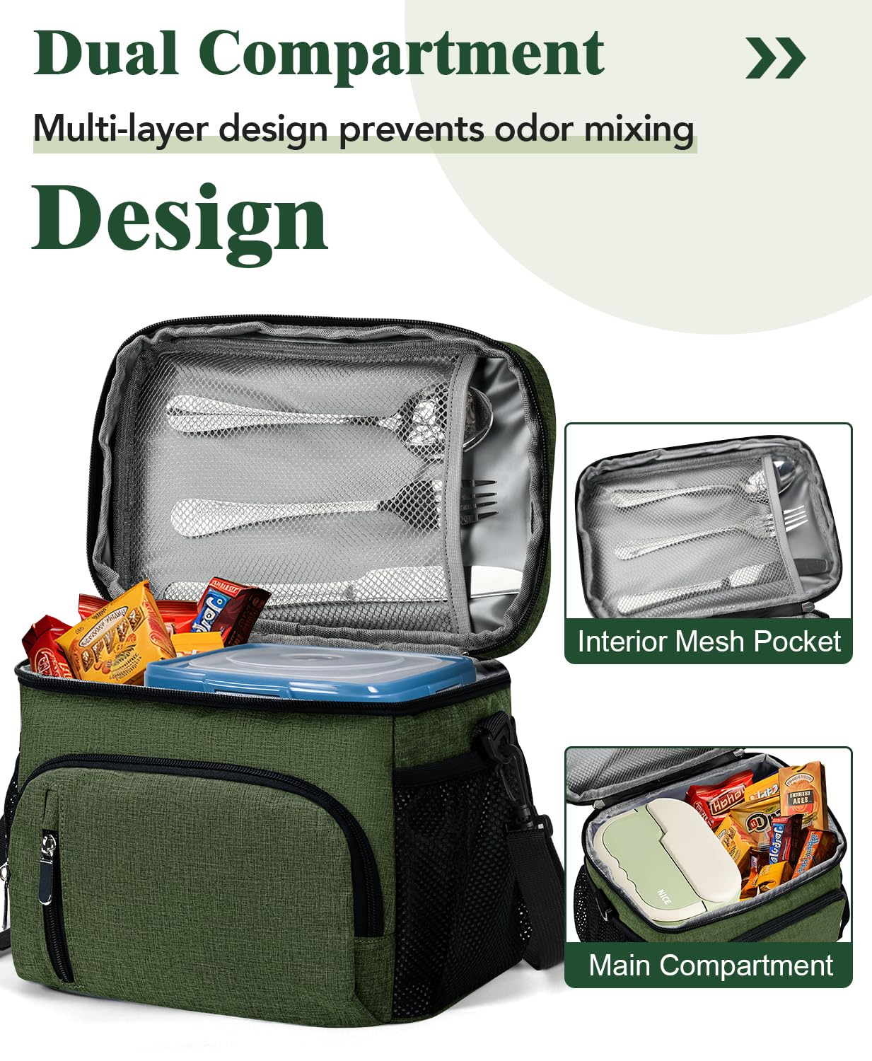 MIAOJIE Insulated Lunch Bag for Men & Women, 9L Leakproof Lunch Box Soft Cooler Tote with 5 Pockets, 600D Oxford, EVA Lining, Adjustable Strap for Work, Picnic, Beach&Travel-Green