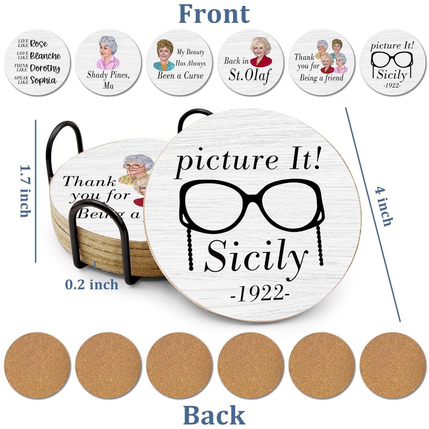 HSSPIRITZ 6 PCS Golden Girls Merchandise Cork Coasters for Drinks, Funny Coasters Set with Coaster Holder,Golden Girls TV Show Kitchen Decor Themed Coasters Gifts for Fans