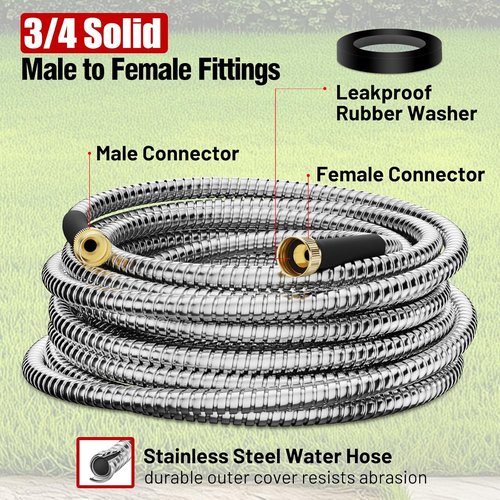 Beitopamz Stainless Steel Garden Hose - 25 Ft Flexible, Durable, Rust-Proof with No-Kink Design & Heavy-Duty Brass Fittings