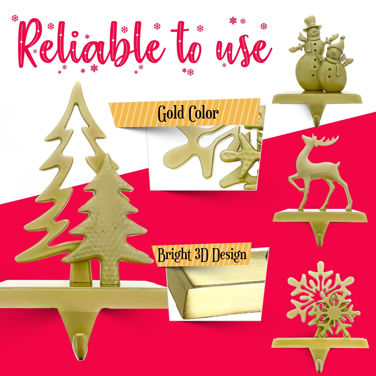 Season 4 Sparkles Christmas Stocking Hangers for Mantle Set of 4 - Golden Color Weighted Stocking Holders for Mantel - Durable So Santa Can Reach The Stockings
