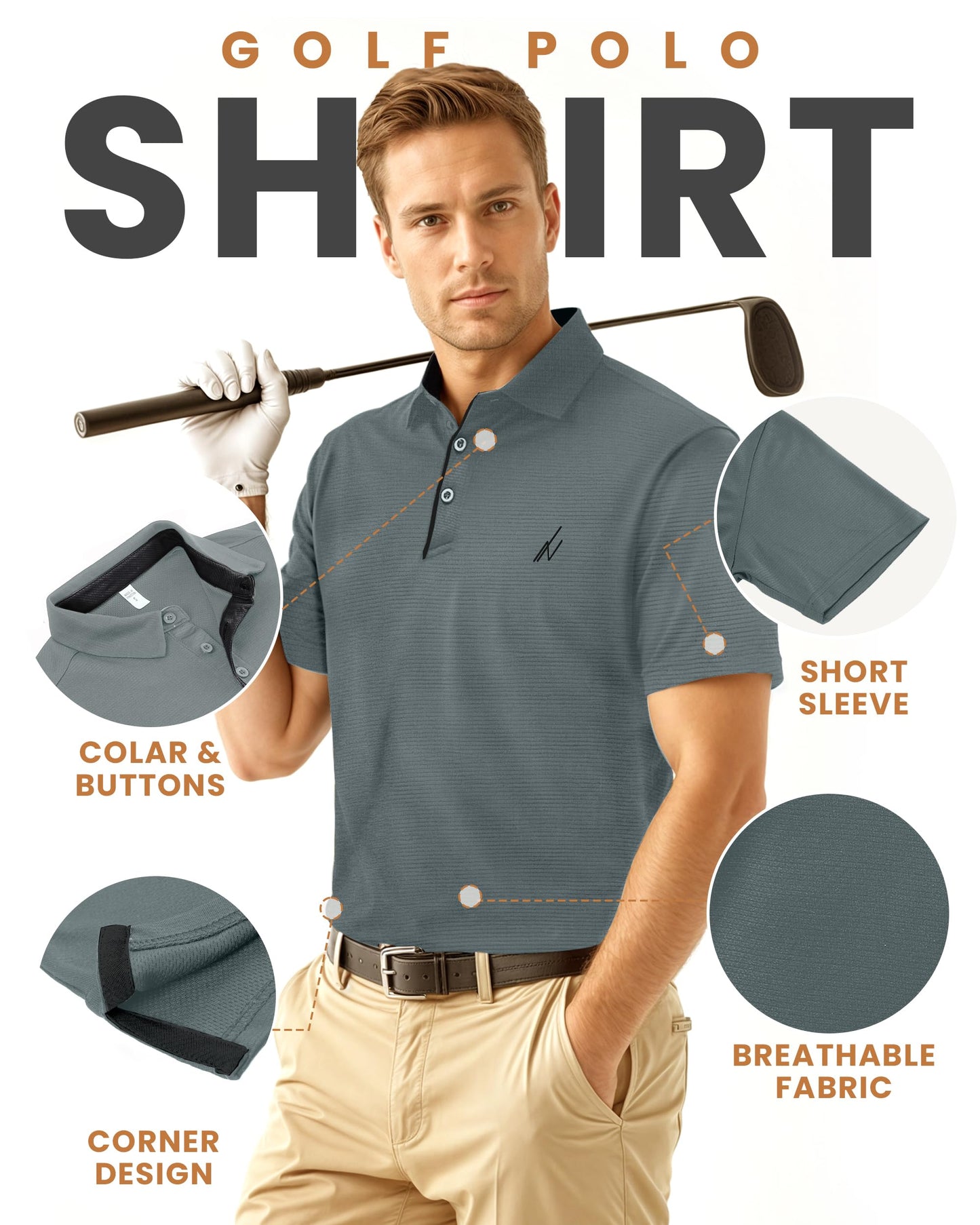 NY Threads Men's Golf Polo Shirt UPF 70+ Regular Fit Moisture Wicking Quick Dry Performance Short Sleeves Polo, Large, Dark Grey