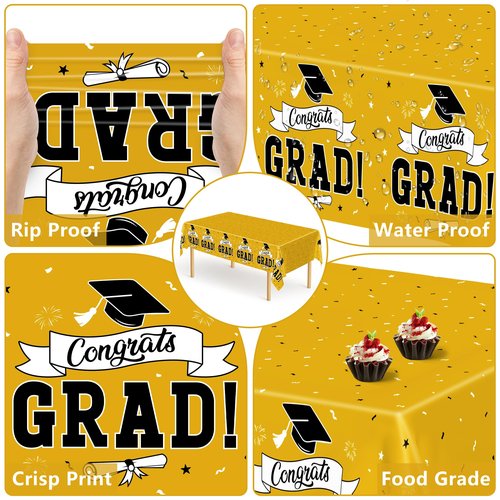 2 PCS 2026 Graduation Table Decorations, 108" X 54" Yellow Plastic Graduation Table cloths, Disposable Tablecover for Class 2026 Congrats Grad, Rectangle TableCloths for Grad Decor Party Supplies
