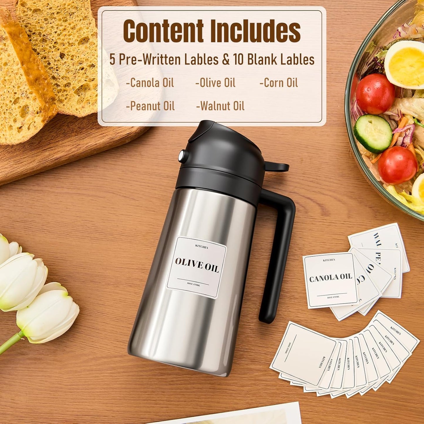 PARACITY Olive Oil Dispenser Bottle - 2-in-1 Sprayer & Dispenser with Stainless Steel Shell | Black