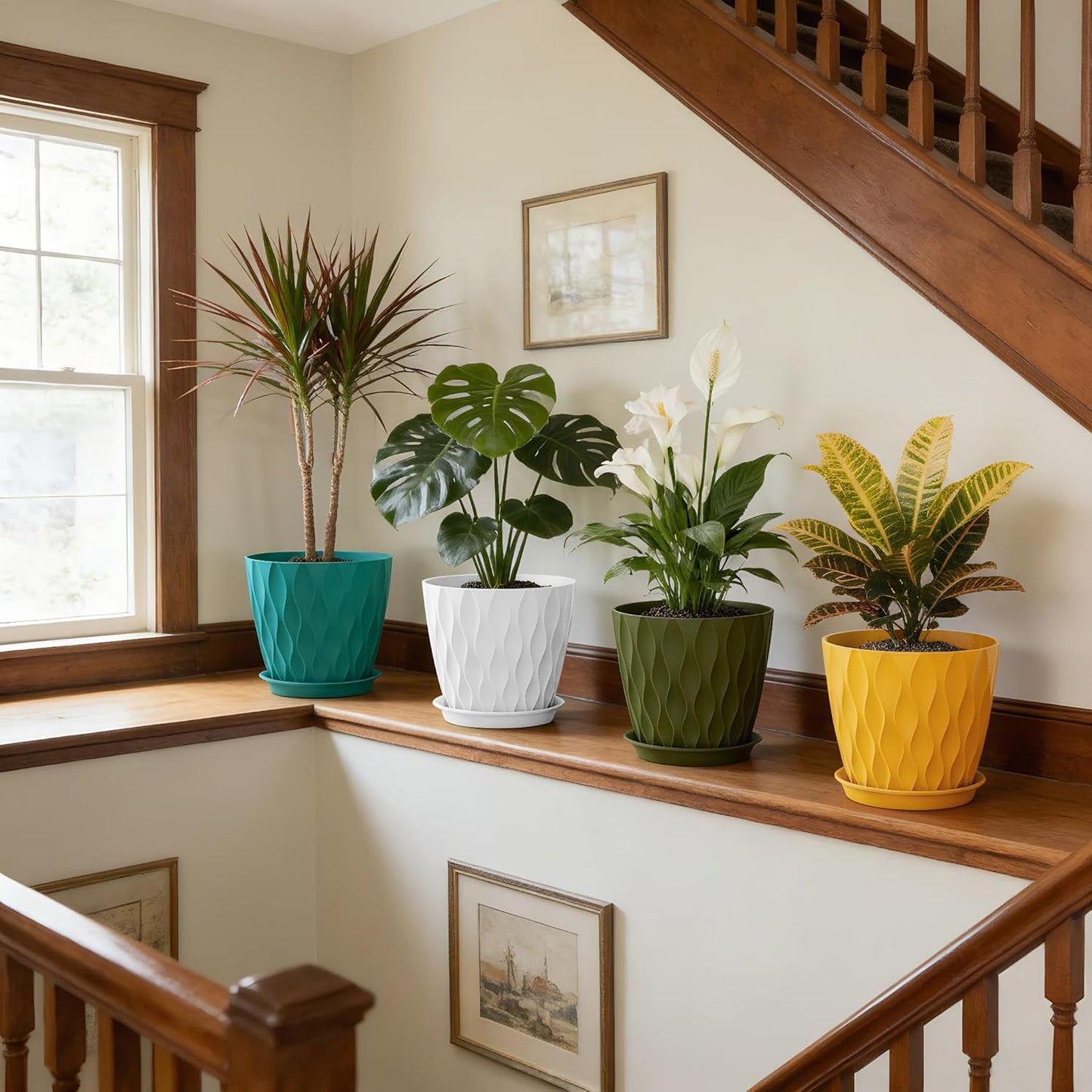 UOUZ 8-Inch Plastic Plant Pots - 4 Pack Indoor/Outdoor Planters with Drainage Holes & Saucers | Waffle Texture