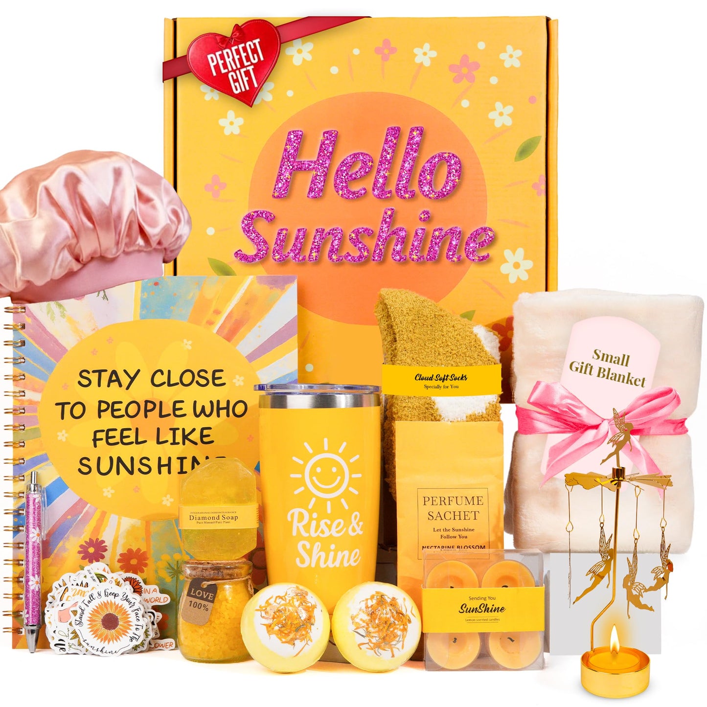 Sunflower Gifts for Women, 17pcs Sunshine Box Care Package for Her, Get Well Soon Gift Baskets for Women, Birthday Basket For Her, Gift Box for Girls, Hug in a Box & Stress Relief Spa Set for Her