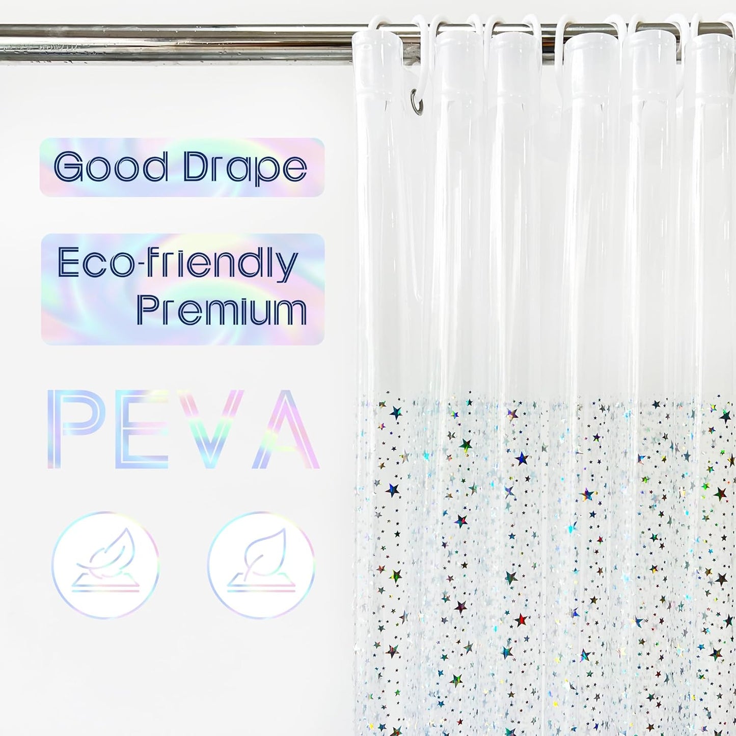 Riyidecor Clear Shower Curtain Liner - Holographic Iridescent Design | 72" x 72" Waterproof with Hooks