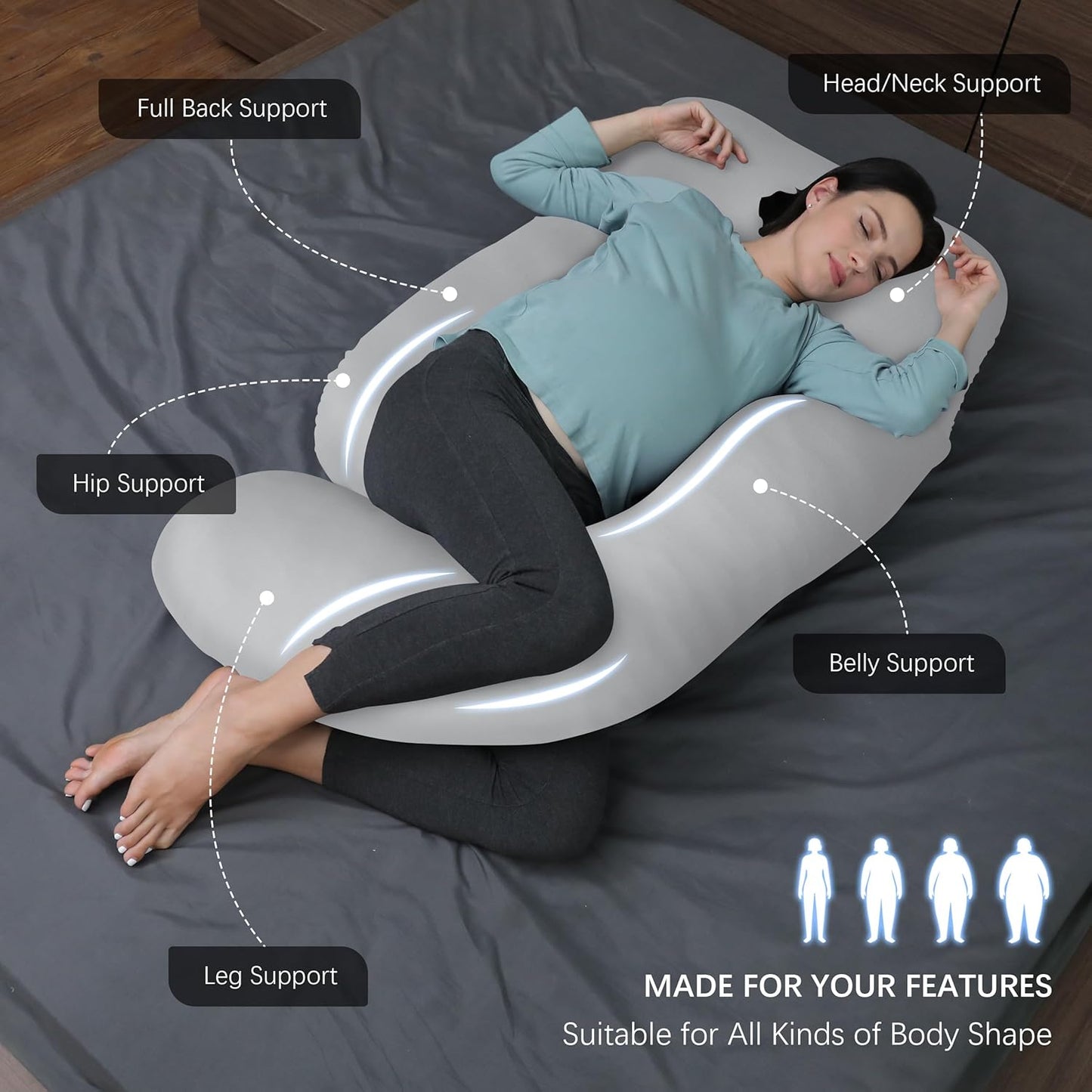 MOON PARK U-Shaped Pregnancy Pillow - Full Body Maternity Support for Back, Legs & Belly - 57 Inch - Light Grey