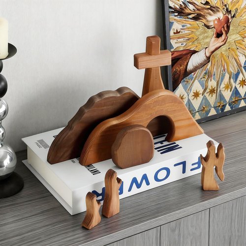 Gnodry The Empty Tomb Easter Scene Set - 7-Piece, Christian Cross Decorations, Decorations Religious Jesus Tomb Easter Kit Display for The Home, Tabletop, Office - Wooden (Warm-Brown)