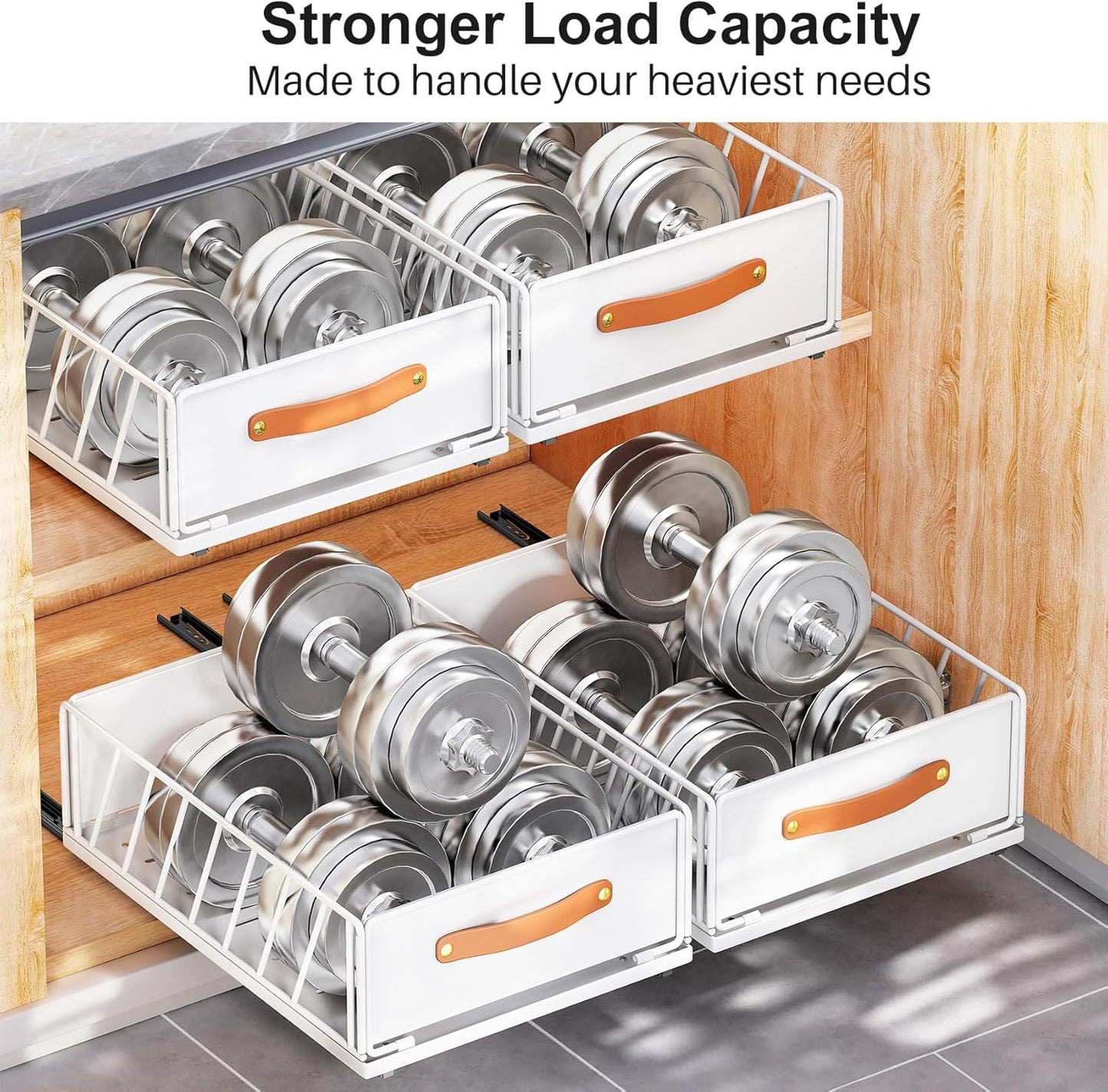 Skiennix Pull-Out Cabinet Organizer - Heavy-Duty Sliding Pantry Shelves with Handle | 9.8"W x 15.7"D x 6.2"H, White