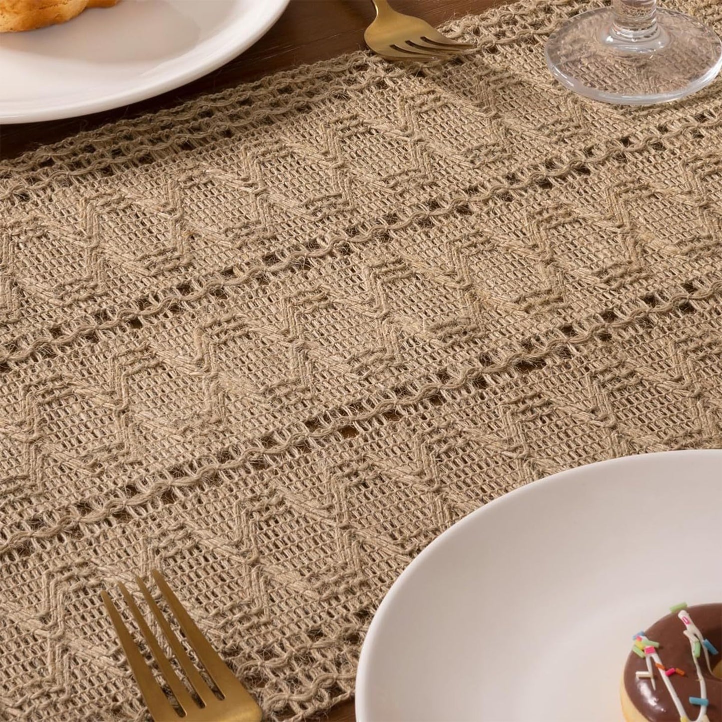 Niviy Burlap Boho Table Runner for Summer Home Decor 72 Inches Long, Brown Farmhouse Decor Rustic Small Macrame Woven Coffee Burlap Jute Table Runners for Fall Dining Dresser Scarf Table Decor