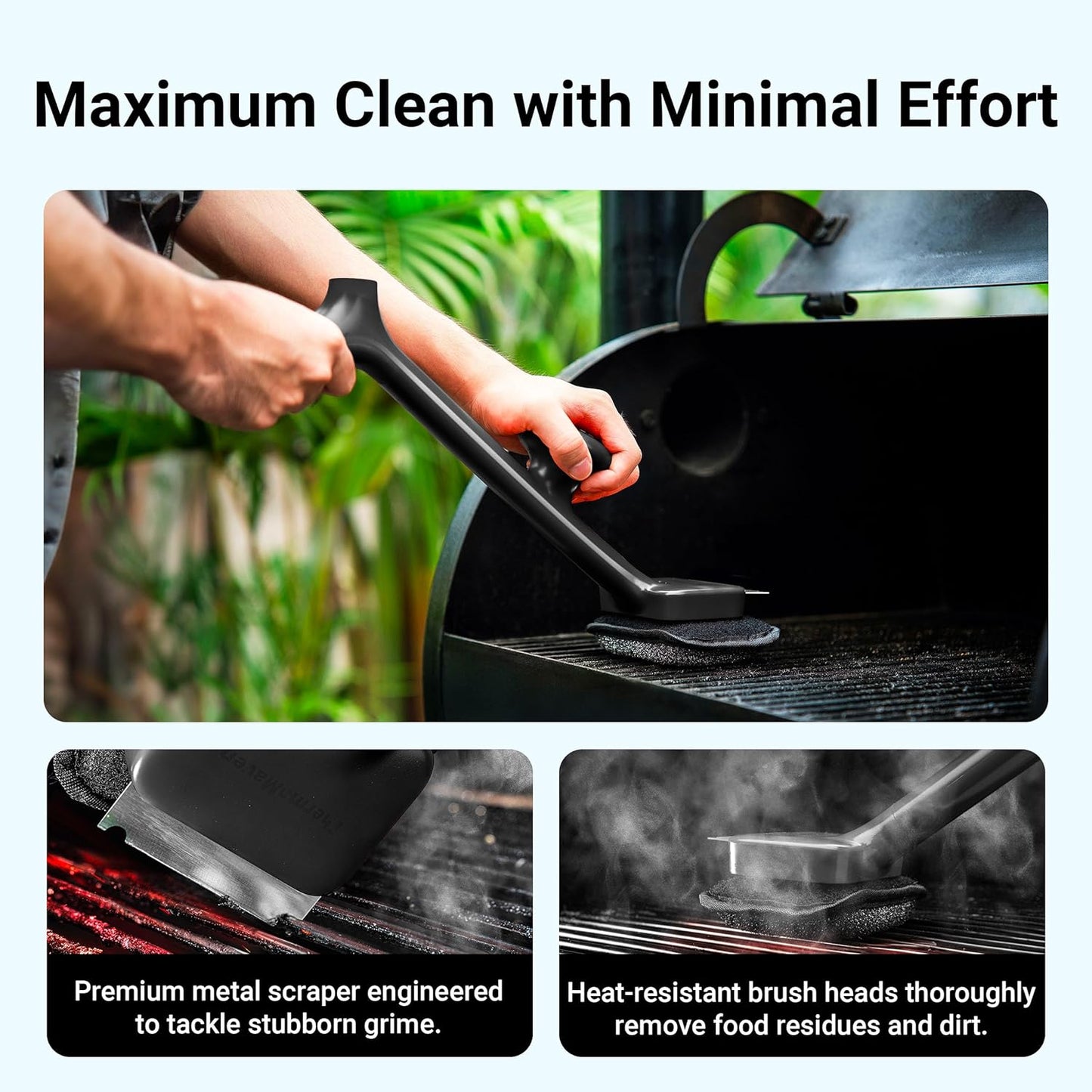 ThermoMaven BBQ Grill Brush - Bristle-Free Steam Cleaner with 17" Cool-Touch Handle & 3 Heads