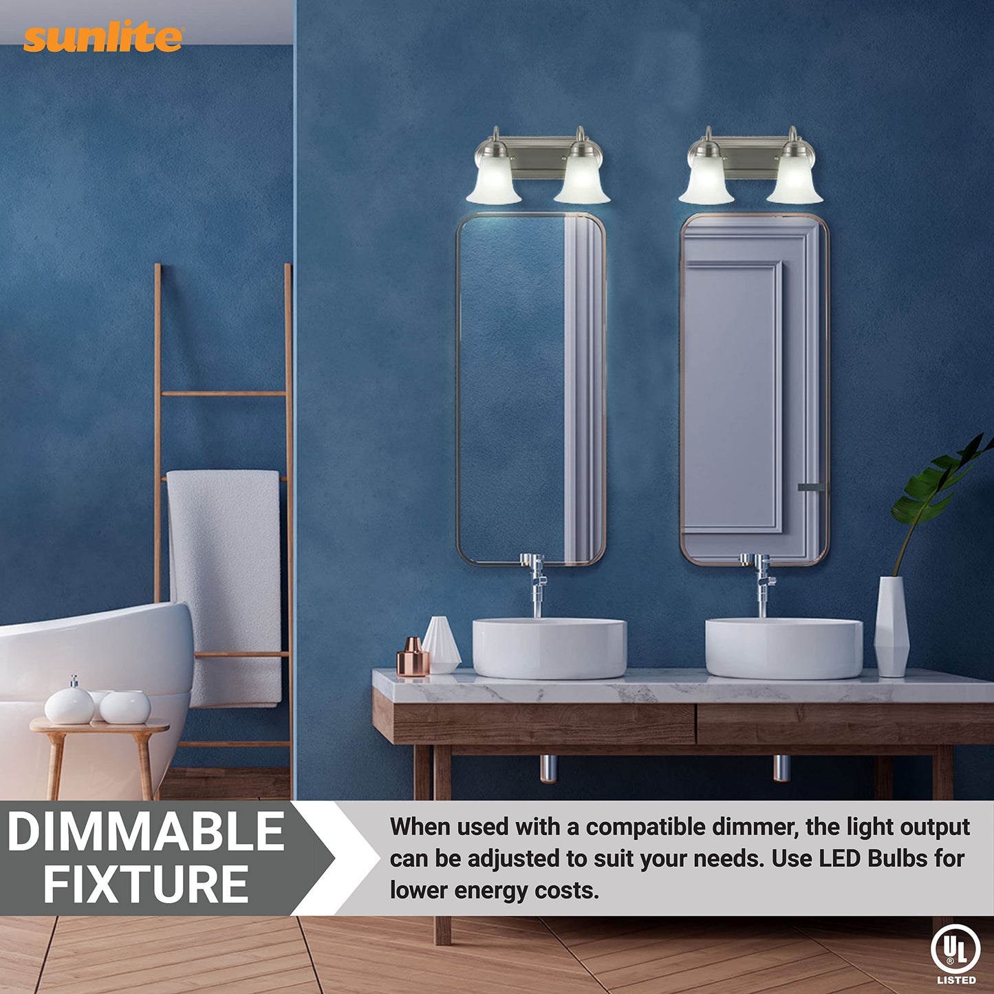 Sunlite 45430 14-Inch Traditional Vanity Light, Classic Decorative Wall Sconce, Bell-Shaped Alabaster Glass Shades, 2 60W A19 Bulbs (Not Included) Mirrors, Bathrooms Powder Room, Brushed Nickel Finish