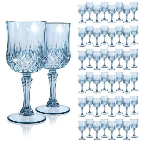 EVSGSONL 48Pack Blue Plastic Wine Glasses,Vintage Plastic Goblets for Parties, Dusty Blue Drinking Glasses Crystal Water Goblets Reusable for Wedding Reception, Grand Event Party Supplies