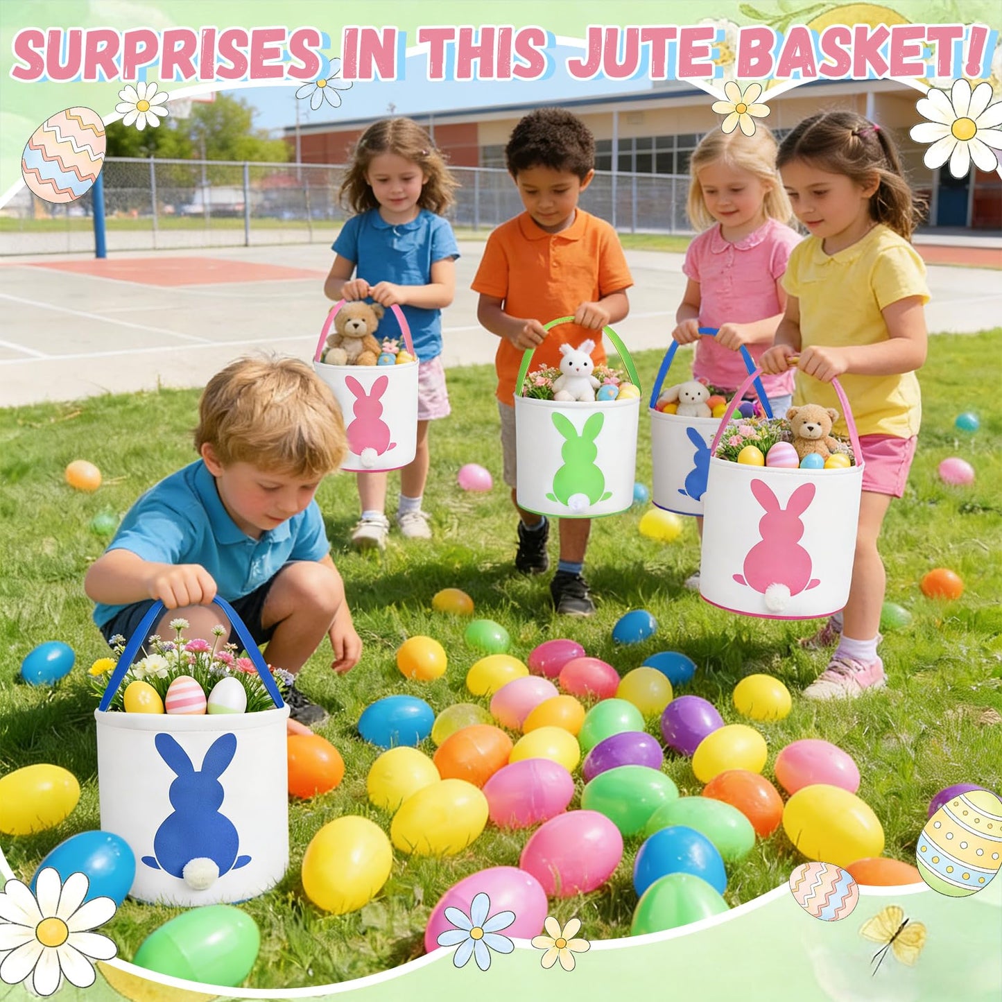 3 PCS Easter Eggs Hunt Basket for Kids Canvas Bunny Basket Egg Bags Rabbit Fluffy Tails Party Celebrate Decoration Gift Toys Carry Bucket Tote