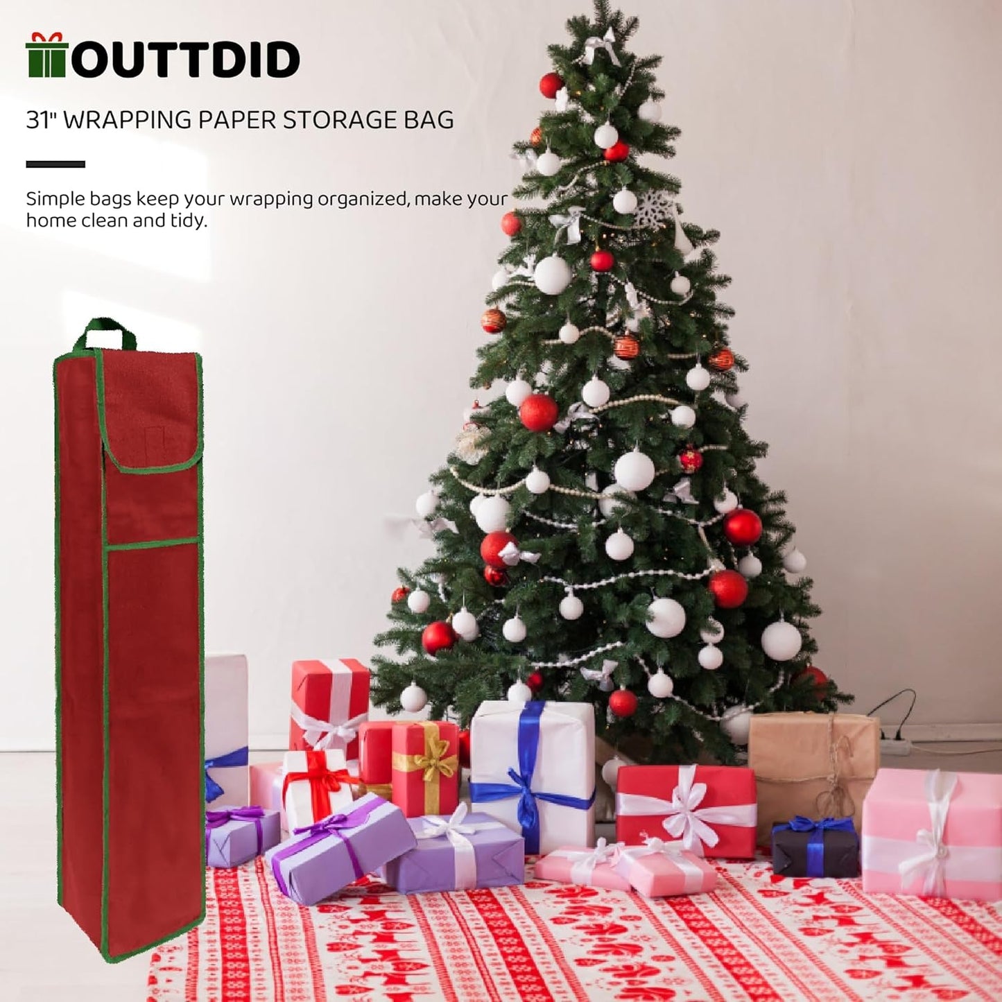 OUTTDID Wrapping Paper Storage Bag - Gift Organizer for 9 Rolls | Red with Pocket for Crafts