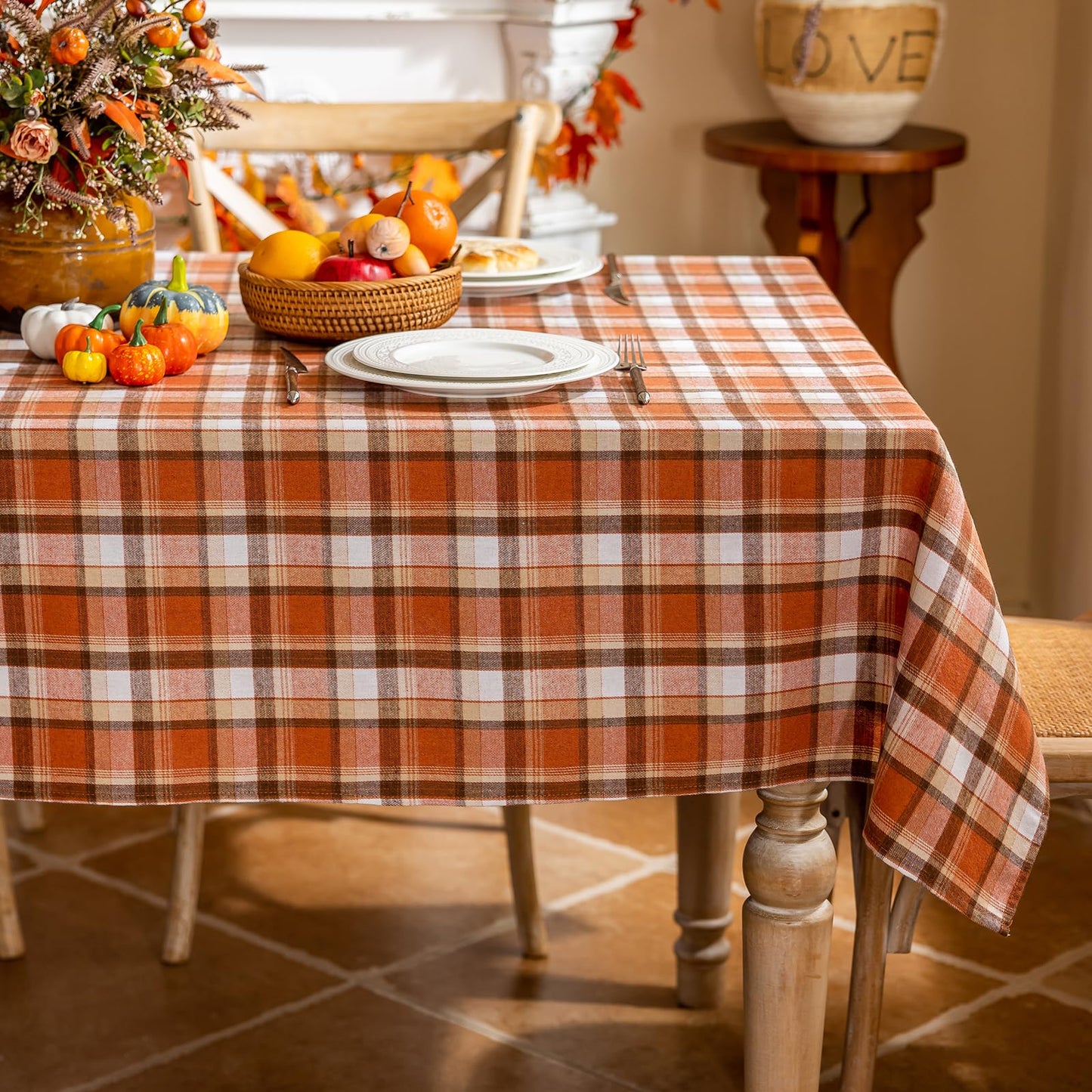 Joyfol Day 55x102 Inch Thanksgiving Tablecloth - Rust Tartan Rectangle Table Cover, Washable Fall Decor for Holiday Parties (Kitchen/Dining)