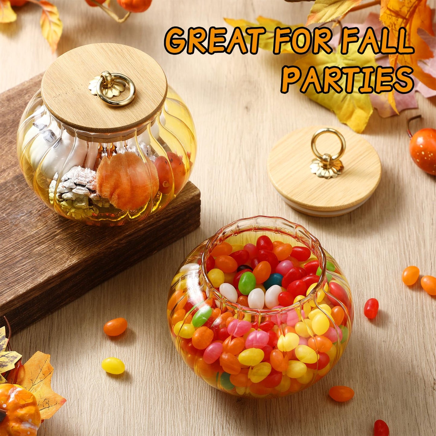 Suclain 2 Pcs Thanksgiving Glass Jars Pumpkin with Bamboo Lids 20 oz Fall Candy Dishes Cookie Bar Crystal Candy Bowl Storage Containers Snack Jars Decorative Glass Canister for Home Decoration