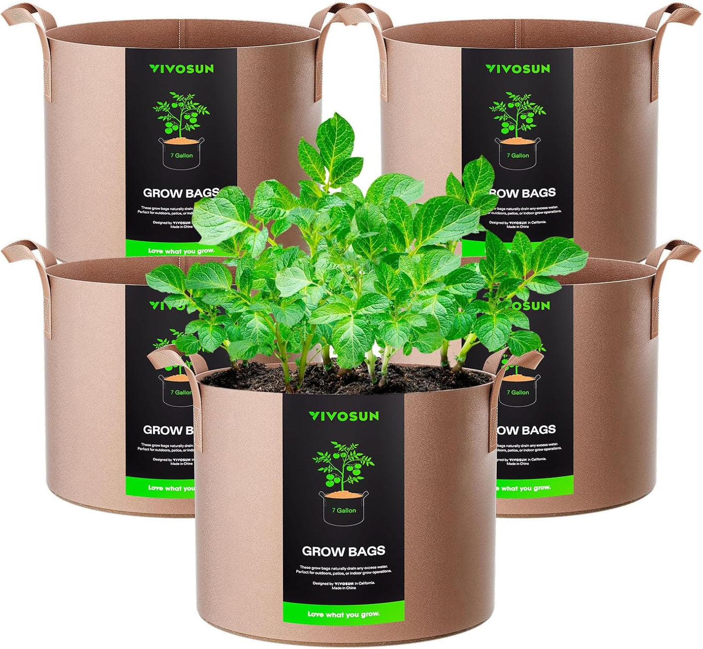 VIVOSUN 7 Gallon Heavy-Duty Grow Bags - 5-Pack Nonwoven Fabric Pots with Strap Handles | Tan