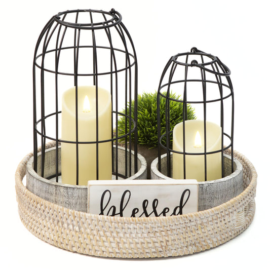 Perfnqiue Farmhouse Lantern Decor, Candle Lantern Decorative for Home Decor, Rustic Lantern Candle Holder Set of 2 for Living Room, Wooden Centerpieces for Kitchen Dining Table, Ideal Gift (White)