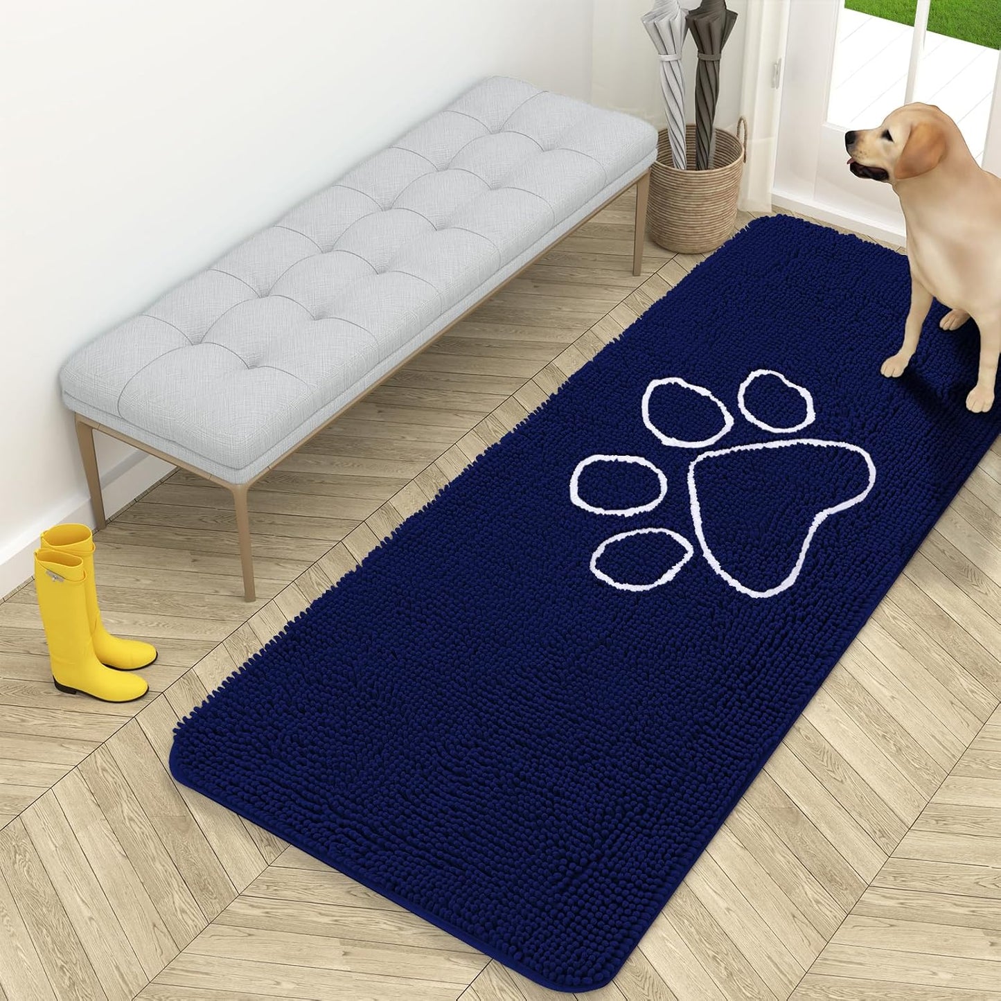 OLANLY Dog Door Mat - Absorbent Non-Slip Mud Mat for Paws | 59x24 Navy Blue Chenille Design