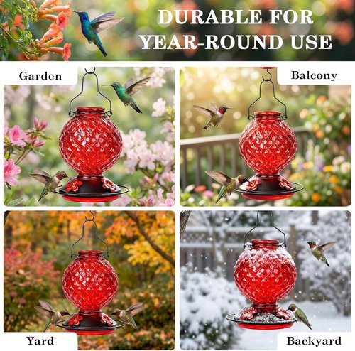 Glass Hummingbird Feeder - 25 OZ Outdoor Nectar Feeder with 4 Bee Guards & Ant Moat | 2 Pack, Red