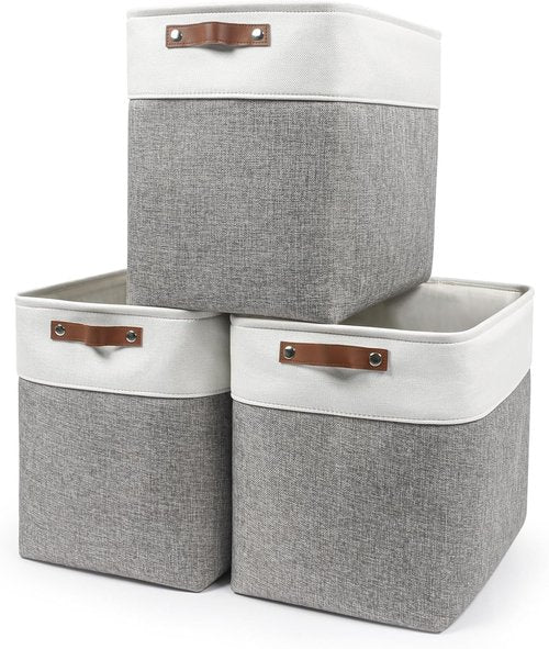 Bagnizer Large Fabric Storage Baskets - 50L Decorative Linen Bins with Handles for Home & Office | Grey & White, 17x12x15 Inches