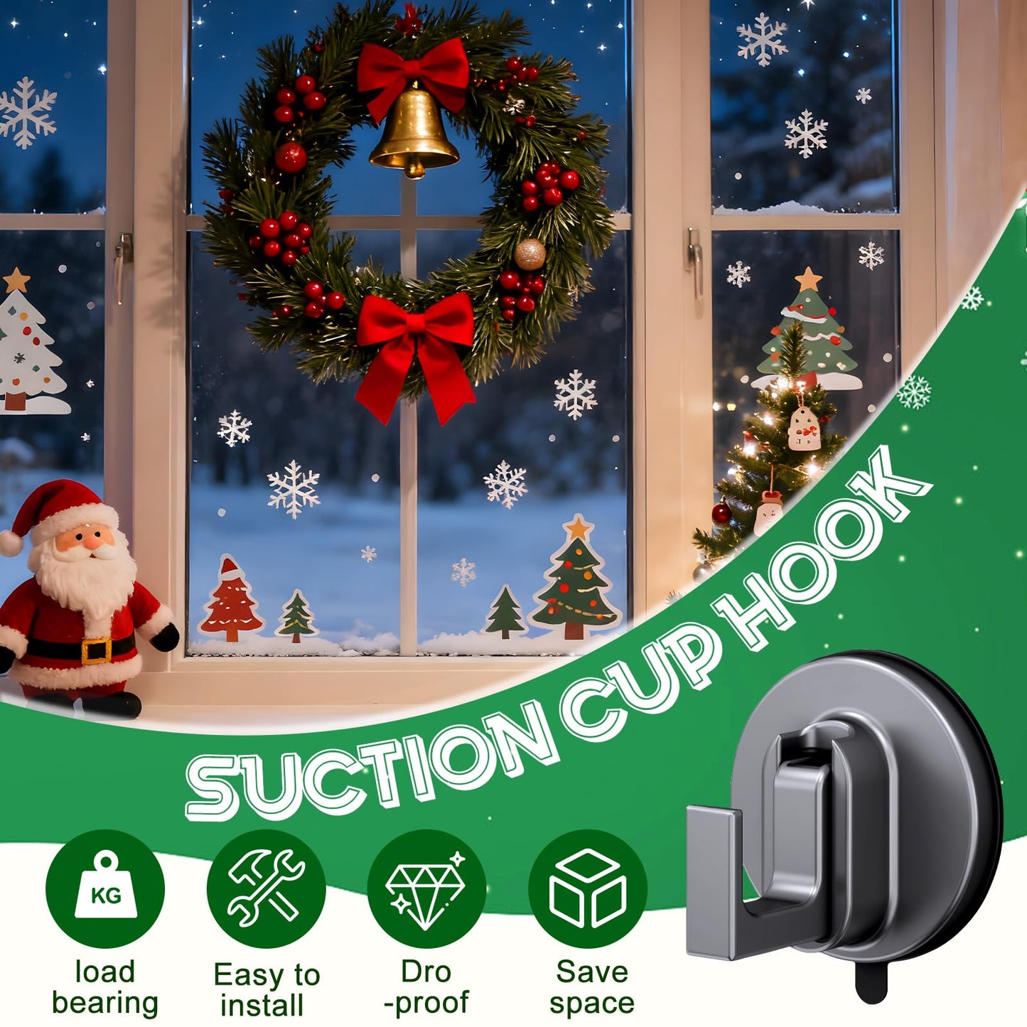 SereniMist Suction Cup Hooks for Wreaths on Glass, No Drill Suction Cup Hooks for Shower, Wreath Hanger for Front Door for Fall Decorating Christmas Thanksgiving (2PCS)