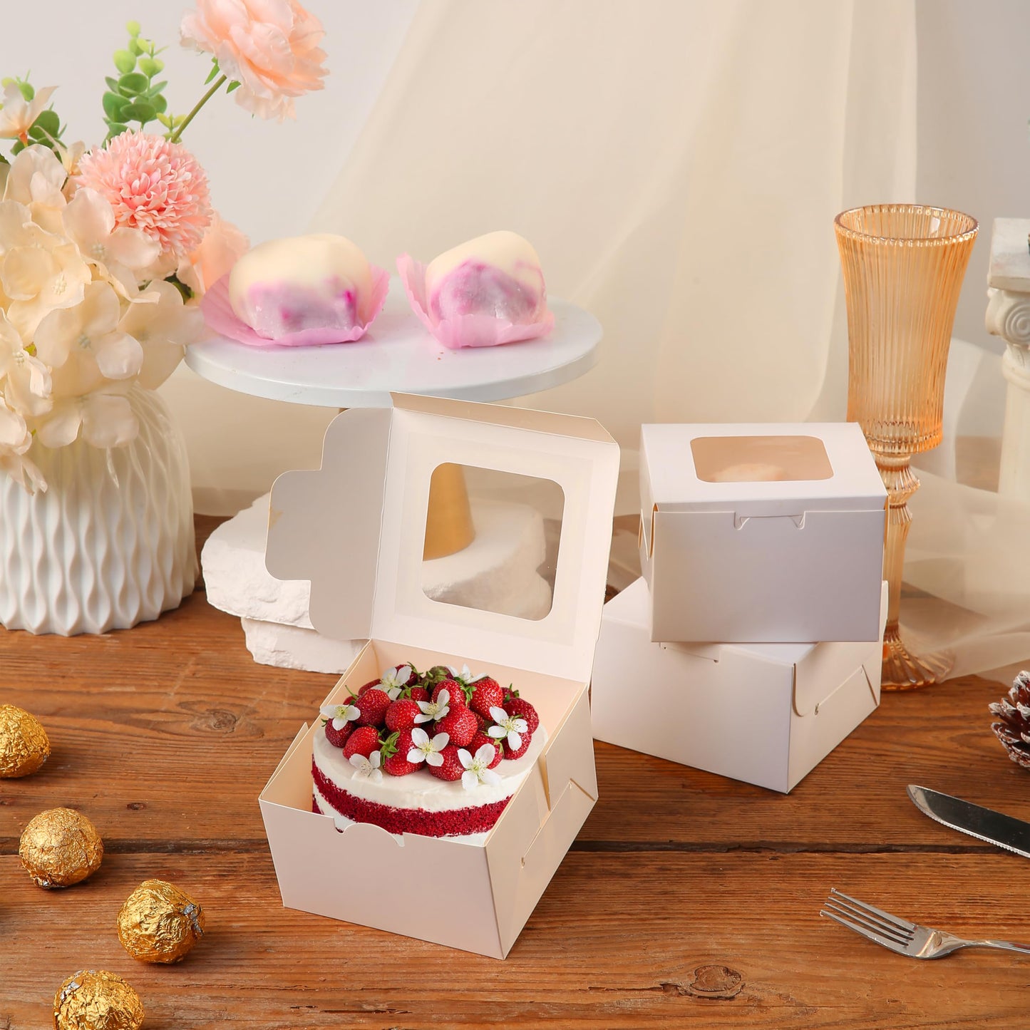 KGVZPT 50pcs White Cake Boxes with Window,5x5x2.5 Inches Small Bakery,Treat,Pastry,Cookie,Dessert Boxes,Macaroon,Donut,Candy,Christmas Gift Giving