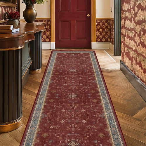Hazo Haus Non-Slip 10ft Long Hallway Runner Rug - Burgundy Washable & Waterproof 2x10 Kitchen Mat | Oriental Turkish Design