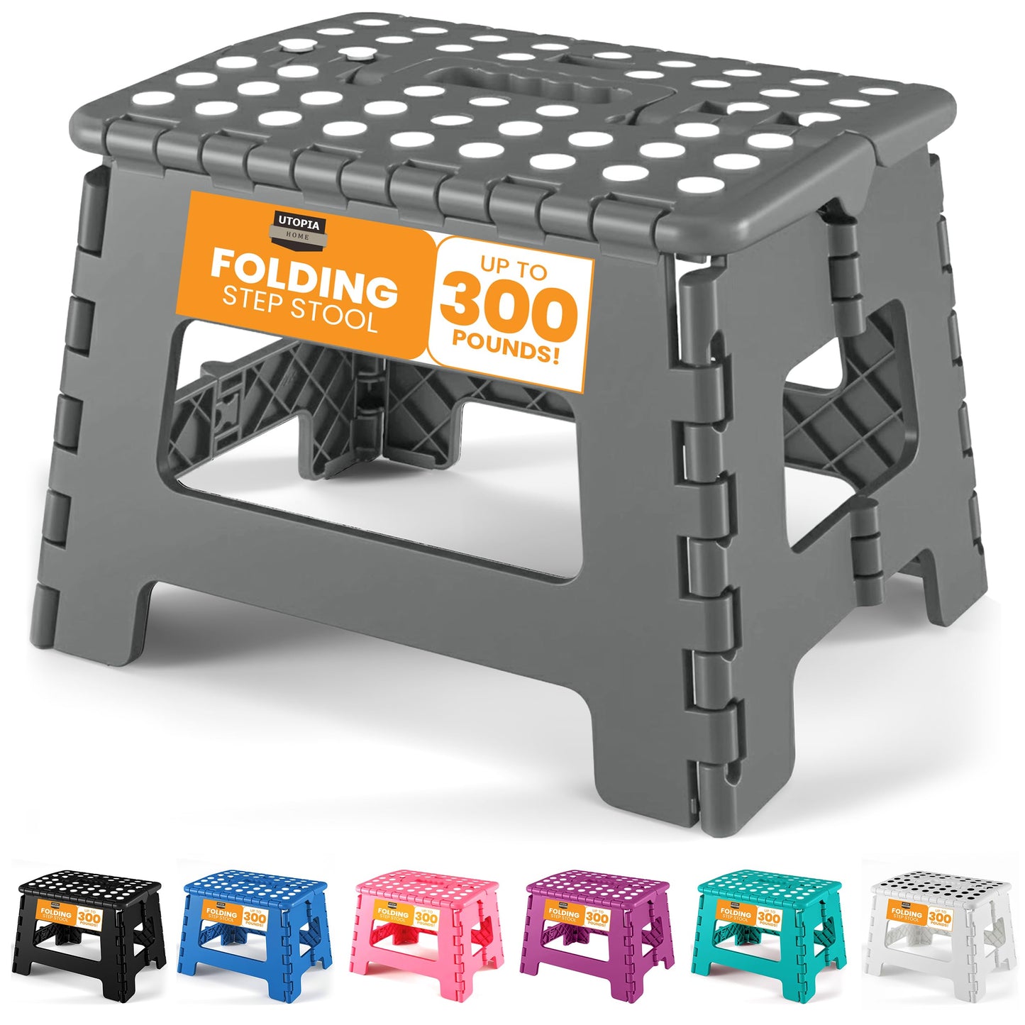 Utopia Home Folding Step Stool with Handle – 9 Inch Anti Slip Collapsible Stool – Holds Up to 300 lbs – Sturdy Plastic Step Stool Foldable for Kitchen, Bathroom and Home Use (1-Pack, Grey)