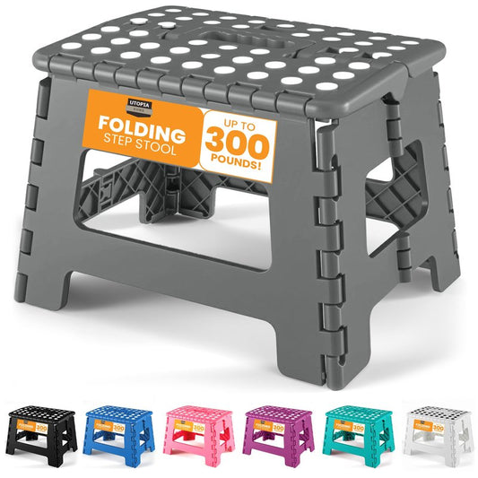 Utopia Home Folding Step Stool with Handle – 9 Inch Anti Slip Collapsible Stool – Holds Up to 300 lbs – Sturdy Plastic Step Stool Foldable for Kitchen, Bathroom and Home Use (1-Pack, Grey)