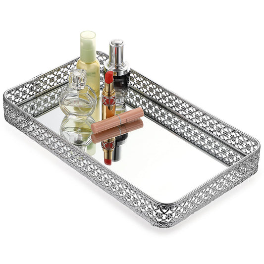 ELLDOO Perfume Tray Mirror Tray Silver Vanity Makeup Hollow-Carved Jewelry Tray Glass Metal Trinket Storage Tray Home Decor Organizer Tray for for Dresser Bathroom Countertop,Large Size 13.8"x 7.9"