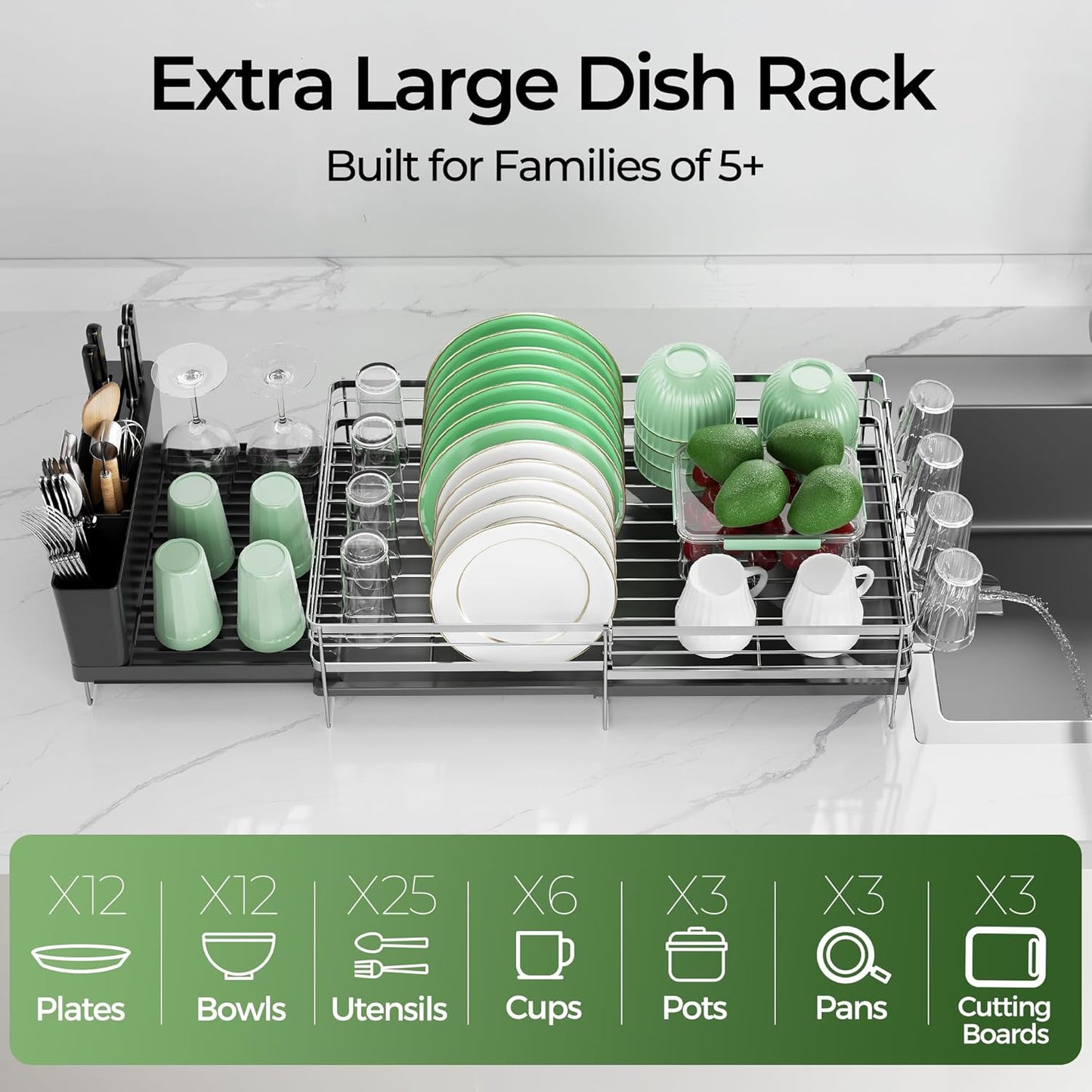 Skiennix Large Expandable Dish Drying Rack - Stainless Steel Anti-Rust Kitchen Drainer | 13.4"-28.7" L x 11.8" W